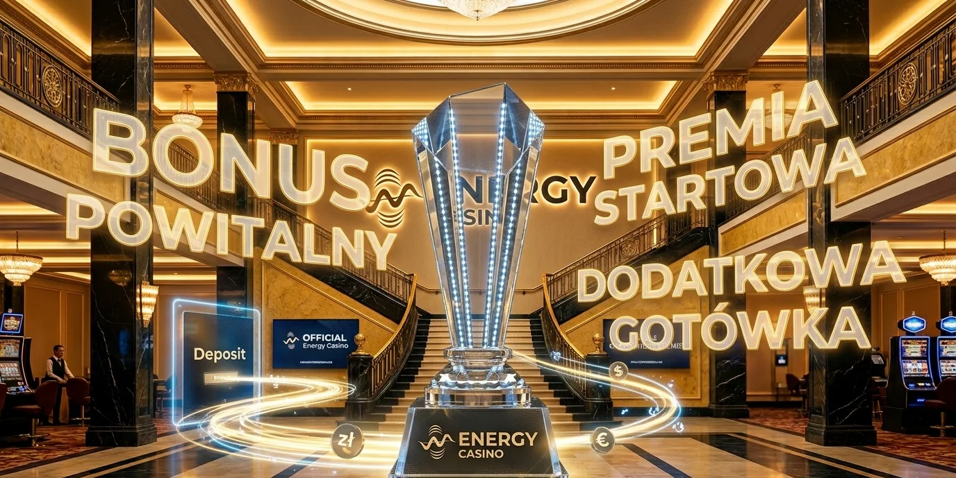 Banner bonusu powitalnego Energy Casino z trofeum 2x mnożnik wygranych